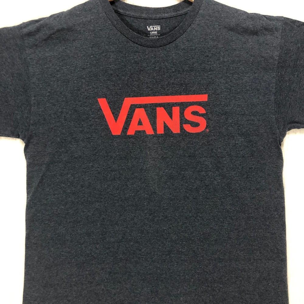Vans‎ Mens Large T-Shirt Charcoal Heather Gray Red Classic Logo Graphic Tee